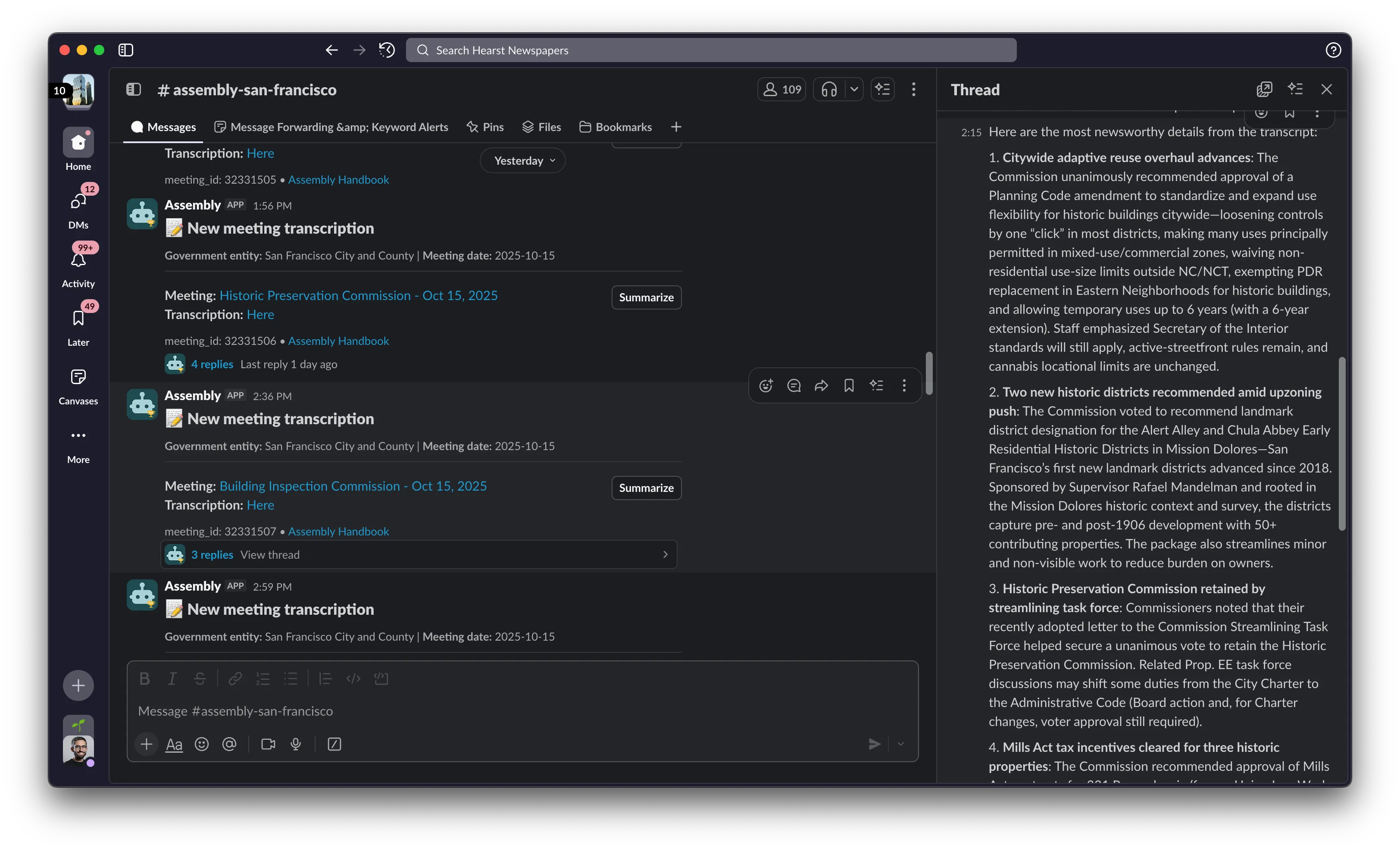 Assembly interface showing meeting summary