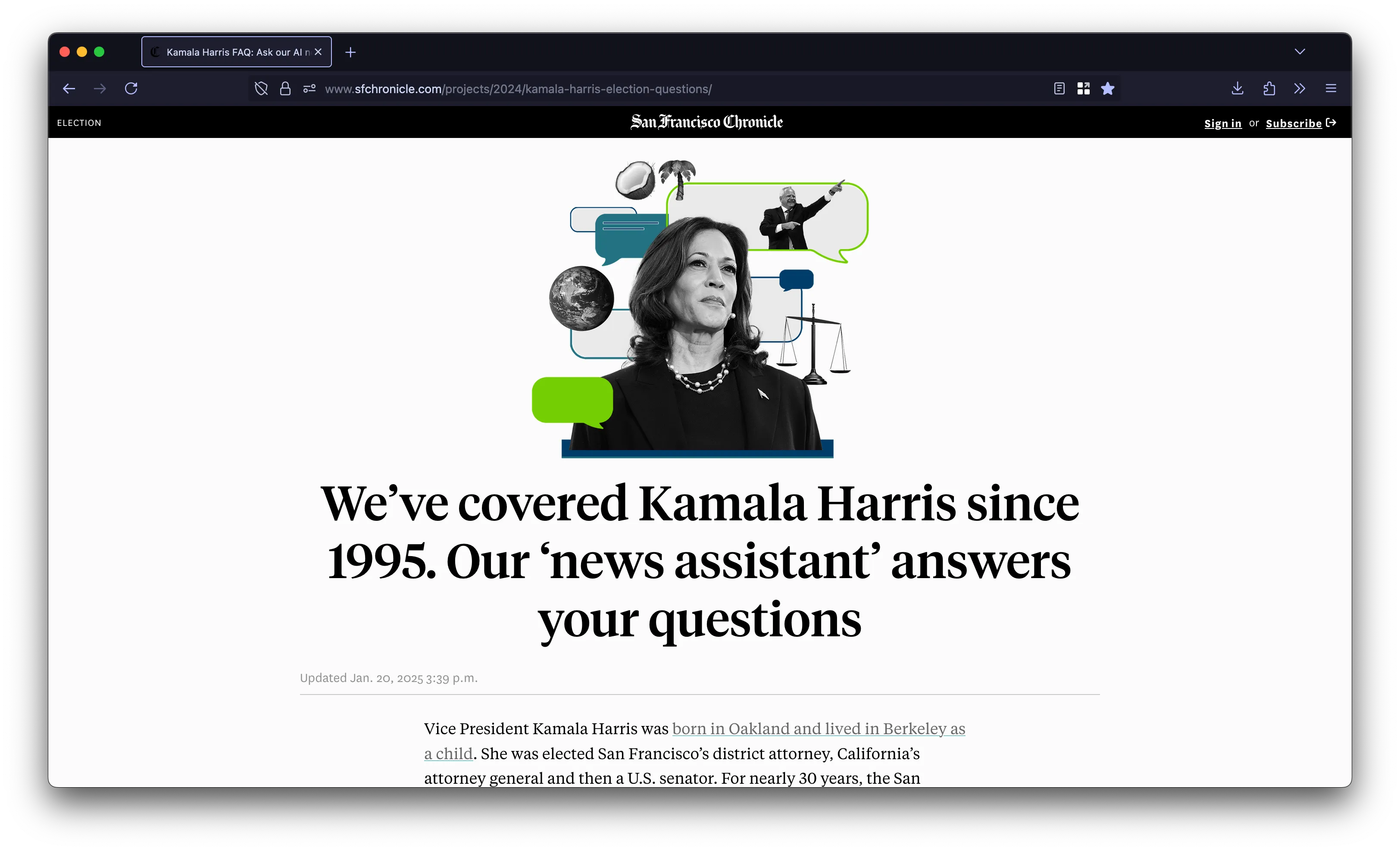 Kamala Harris News Assistant interface showing Q&A chatbot with Chronicle reporting